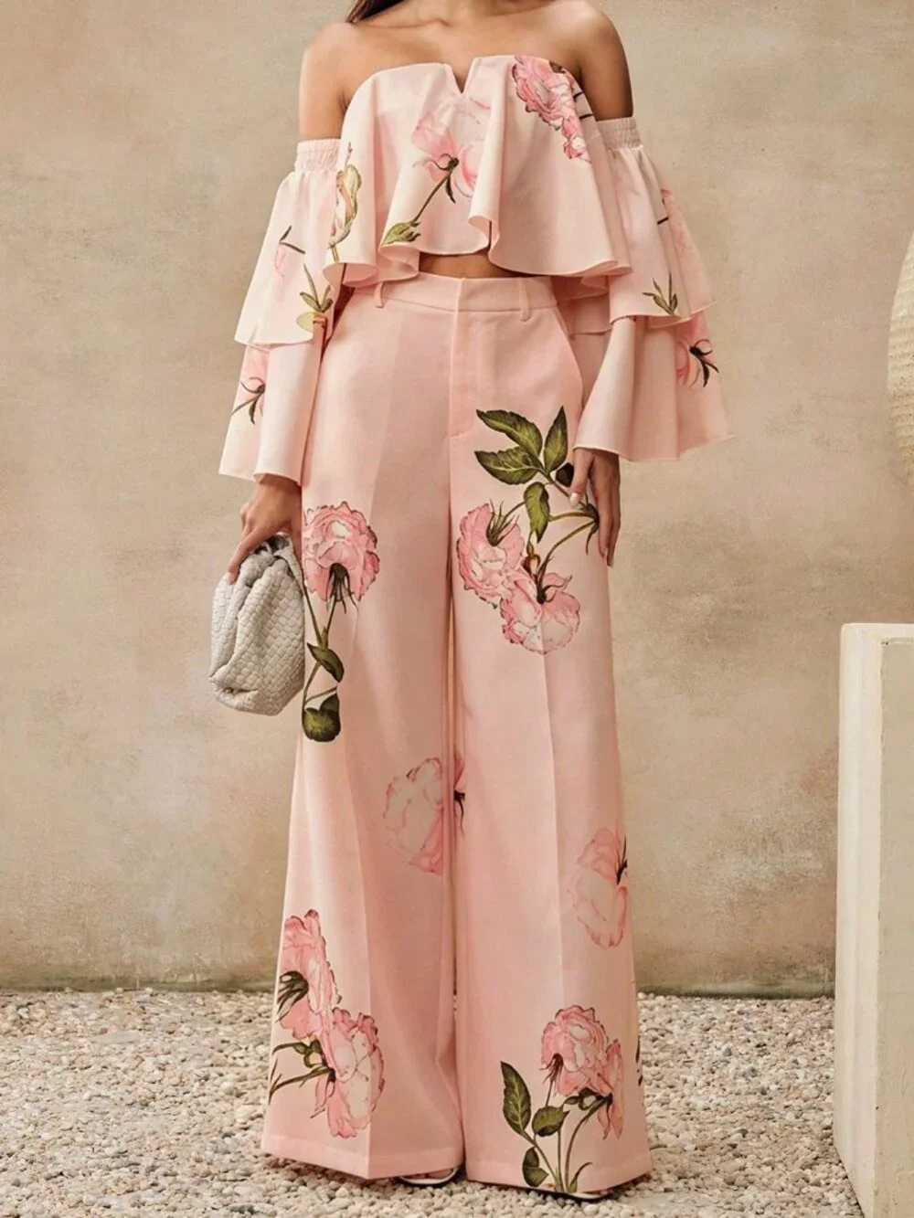 Pink Casual Women's Plants Floral Two Piece Set
